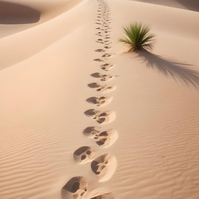 A Desert Landscape With Palm Trees And Sand Dunes The Scene Shows A Path Of Footprints Leading Through The Sandy Terrain With Mountains Visible In The Background 10 3d2b