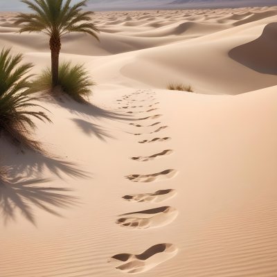 A Desert Landscape With Palm Trees And Sand Dunes The Scene Shows A Path Of Footprints Leading Through The Sandy Terrain With Mountains Visible In The Background 11 15c0