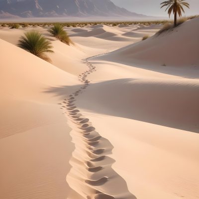 A Desert Landscape With Palm Trees And Sand Dunes The Scene Shows A Path Of Footprints Leading Through The Sandy Terrain With Mountains Visible In The Background 12 6189