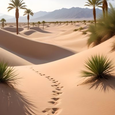A Desert Landscape With Palm Trees And Sand Dunes The Scene Shows A Path Of Footprints Leading Through The Sandy Terrain With Mountains Visible In The Background 13 9472