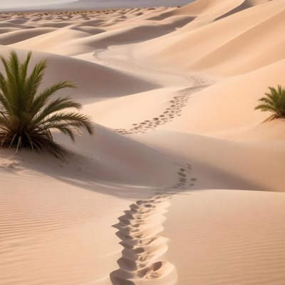 A Desert Landscape With Palm Trees And Sand Dunes The Scene Shows A Path Of Footprints Leading Through The Sandy Terrain With Mountains Visible In The Background 14 5f90