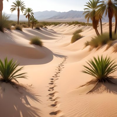 A Desert Landscape With Palm Trees And Sand Dunes The Scene Shows A Path Of Footprints Leading Through The Sandy Terrain With Mountains Visible In The Background 15 De88