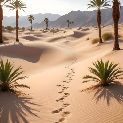 A Desert Landscape With Palm Trees And Sand Dunes The Scene Shows A Path Of Footprints Leading Through The Sandy Terrain With Mountains Visible In The Background 17 65e0