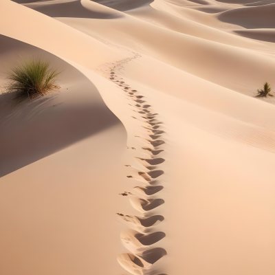 A Desert Landscape With Palm Trees And Sand Dunes The Scene Shows A Path Of Footprints Leading Through The Sandy Terrain With Mountains Visible In The Background 2 5da4