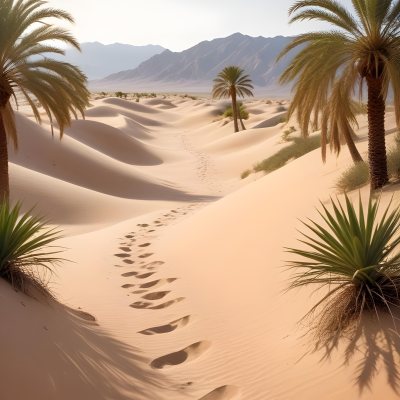 A Desert Landscape With Palm Trees And Sand Dunes The Scene Shows A Path Of Footprints Leading Through The Sandy Terrain With Mountains Visible In The Background 20 28d2
