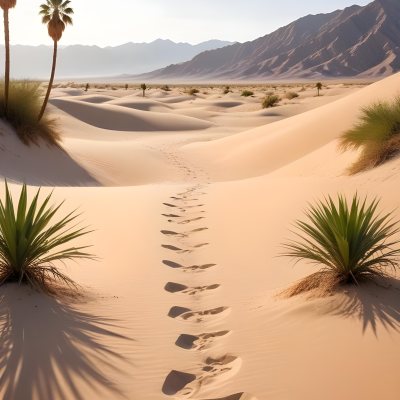A Desert Landscape With Palm Trees And Sand Dunes The Scene Shows A Path Of Footprints Leading Through The Sandy Terrain With Mountains Visible In The Background 22 B7b1