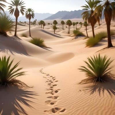 A Desert Landscape With Palm Trees And Sand Dunes The Scene Shows A Path Of Footprints Leading Through The Sandy Terrain With Mountains Visible In The Background 23 1f3e