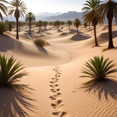 A Desert Landscape With Palm Trees And Sand Dunes The Scene Shows A Path Of Footprints Leading Through The Sandy Terrain With Mountains Visible In The Background 24 49e8