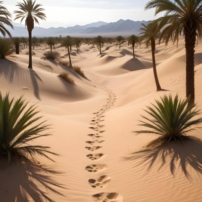 A Desert Landscape With Palm Trees And Sand Dunes The Scene Shows A Path Of Footprints Leading Through The Sandy Terrain With Mountains Visible In The Background 25 Fe34