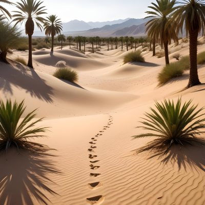 A Desert Landscape With Palm Trees And Sand Dunes The Scene Shows A Path Of Footprints Leading Through The Sandy Terrain With Mountains Visible In The Background 26 79ff