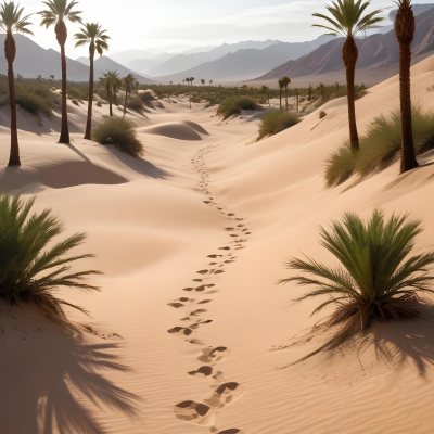 A Desert Landscape With Palm Trees And Sand Dunes The Scene Shows A Path Of Footprints Leading Through The Sandy Terrain With Mountains Visible In The Background 27 85a0