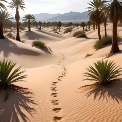 A Desert Landscape With Palm Trees And Sand Dunes The Scene Shows A Path Of Footprints Leading Through The Sandy Terrain With Mountains Visible In The Background 28 04e7