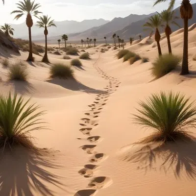 A Desert Landscape With Palm Trees And Sand Dunes The Scene Shows A Path Of Footprints Leading Through The Sandy Terrain With Mountains Visible In The Background 29 300d