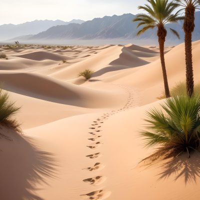 A Desert Landscape With Palm Trees And Sand Dunes The Scene Shows A Path Of Footprints Leading Through The Sandy Terrain With Mountains Visible In The Background 3 F376