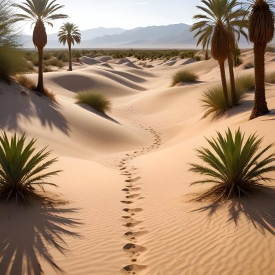 A Desert Landscape With Palm Trees And Sand Dunes The Scene Shows A Path Of Footprints Leading Through The Sandy Terrain With Mountains Visible In The Background 30 8db0