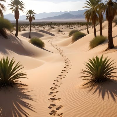 A Desert Landscape With Palm Trees And Sand Dunes The Scene Shows A Path Of Footprints Leading Through The Sandy Terrain With Mountains Visible In The Background 31 18b2