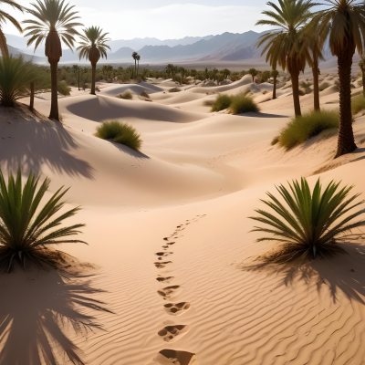 A Desert Landscape With Palm Trees And Sand Dunes The Scene Shows A Path Of Footprints Leading Through The Sandy Terrain With Mountains Visible In The Background 32 9956