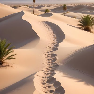 A Desert Landscape With Palm Trees And Sand Dunes The Scene Shows A Path Of Footprints Leading Through The Sandy Terrain With Mountains Visible In The Background 4 683c