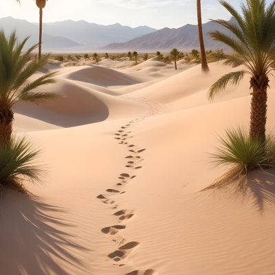 A Desert Landscape With Palm Trees And Sand Dunes The Scene Shows A Path Of Footprints Leading Through The Sandy Terrain With Mountains Visible In The Background 5 Dbe8