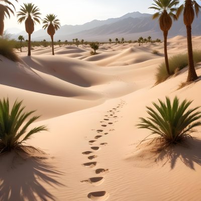 A Desert Landscape With Palm Trees And Sand Dunes The Scene Shows A Path Of Footprints Leading Through The Sandy Terrain With Mountains Visible In The Background 8 5634