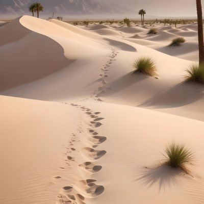 A Desert Landscape With Palm Trees And Sand Dunes The Scene Shows A Path Of Footprints Leading Through The Sandy Terrain With Mountains Visible In The Background 9 D0ce