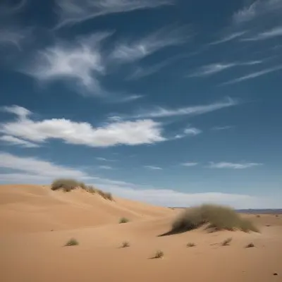 A Desert Landscape With Sand Dunes And Sparse Vegetation Under A Bright Blue Sky With Wispy Clouds Arid Environment 35 Dab0