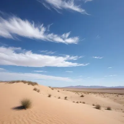A Desert Landscape With Sand Dunes And Sparse Vegetation Under A Bright Blue Sky With Wispy Clouds Arid Environment 38 5642