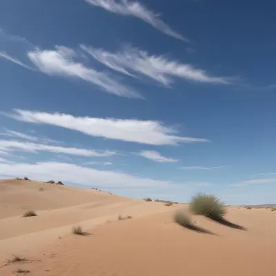 A Desert Landscape With Sand Dunes And Sparse Vegetation Under A Bright Blue Sky With Wispy Clouds Arid Environment 43 Dbd2