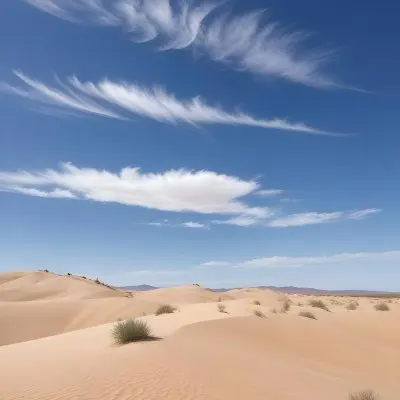 A Desert Landscape With Sand Dunes And Sparse Vegetation Under A Bright Blue Sky With Wispy Clouds Arid Environment 47 Efa7