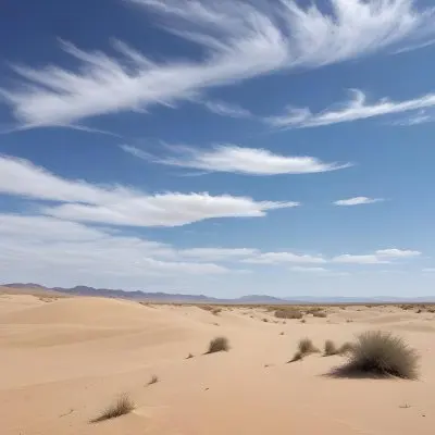 A Desert Landscape With Sand Dunes And Sparse Vegetation Under A Bright Blue Sky With Wispy Clouds Arid Environment 58 0ddf