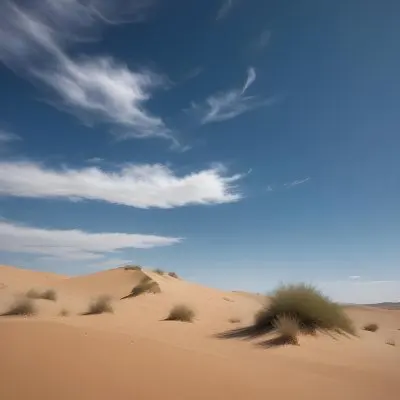 A Desert Landscape With Sand Dunes And Sparse Vegetation Under A Bright Blue Sky With Wispy Clouds Arid Environment 63 F870