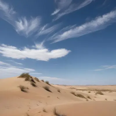 A Desert Landscape With Sand Dunes And Sparse Vegetation Under A Bright Blue Sky With Wispy Clouds Arid Environment 70 D3ad