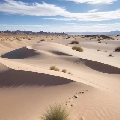 A Desert Landscape With Sand Dunes And Sparse Vegetation Under A Bright Blue Sky With Wispy Clouds Arid Environment 78 9e9e