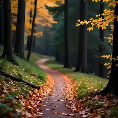 A Dirt Path Winding Through A Forest With Tall Trees And Autumn Foliage Creating A Warm Cozy Atmosphere 17 F5e8