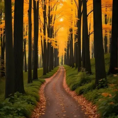 A Dirt Path Winding Through A Forest With Tall Trees And Autumn Foliage Creating A Warm Cozy Atmosphere 3 B772