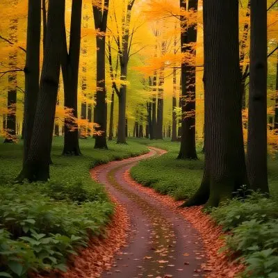 A Dirt Path Winding Through A Forest With Tall Trees And Autumn Foliage Creating A Warm Cozy Atmosphere 5 0cf3