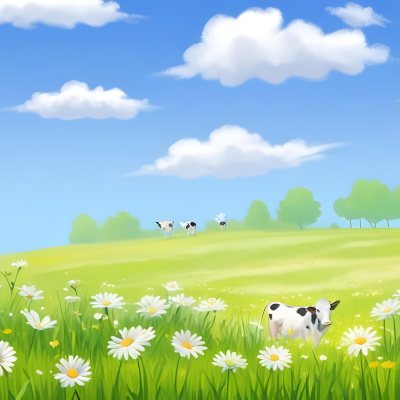 A Field Of Daisies With Green Grass Cows Grazing In The Background Blue Sky With White Clouds Bright Sunlight Cartoon Style 10 7723