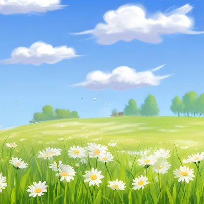 A Field Of Daisies With Green Grass Cows Grazing In The Background Blue Sky With White Clouds Bright Sunlight Cartoon Style 11 A136