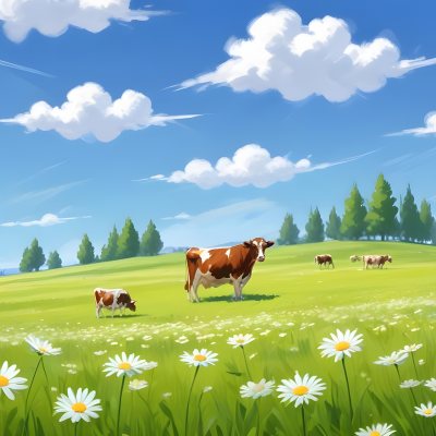 A Field Of Daisies With Green Grass Cows Grazing In The Background Blue Sky With White Clouds Bright Sunlight Cartoon Style 12 4c3c