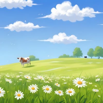 A Field Of Daisies With Green Grass Cows Grazing In The Background Blue Sky With White Clouds Bright Sunlight Cartoon Style 13 35e1