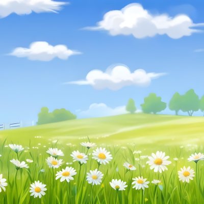 A Field Of Daisies With Green Grass Cows Grazing In The Background Blue Sky With White Clouds Bright Sunlight Cartoon Style 14 84bc