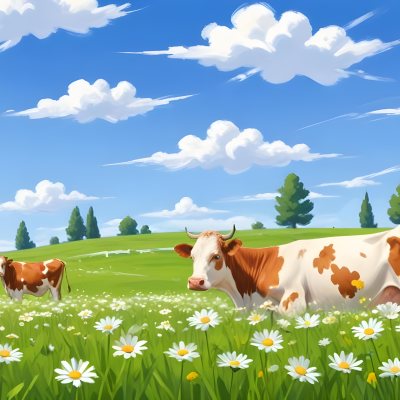 A Field Of Daisies With Green Grass Cows Grazing In The Background Blue Sky With White Clouds Bright Sunlight Cartoon Style 15 C272