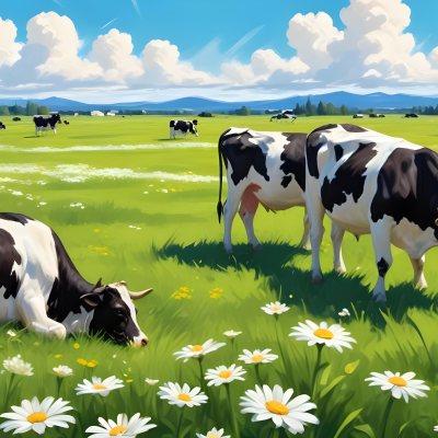 A Field Of Daisies With Green Grass Cows Grazing In The Background Blue Sky With White Clouds Bright Sunlight Cartoon Style 16 4005