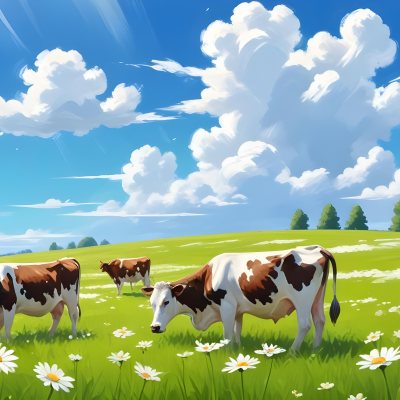 A Field Of Daisies With Green Grass Cows Grazing In The Background Blue Sky With White Clouds Bright Sunlight Cartoon Style 17 C32a
