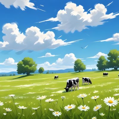A Field Of Daisies With Green Grass Cows Grazing In The Background Blue Sky With White Clouds Bright Sunlight Cartoon Style 18 Eeac