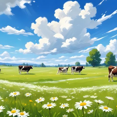 A Field Of Daisies With Green Grass Cows Grazing In The Background Blue Sky With White Clouds Bright Sunlight Cartoon Style 19 6831