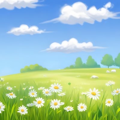A Field Of Daisies With Green Grass Cows Grazing In The Background Blue Sky With White Clouds Bright Sunlight Cartoon Style 2 07e4