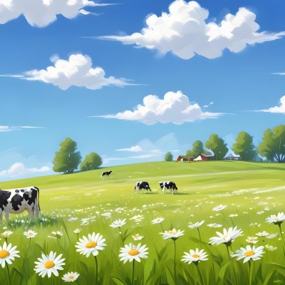 A Field Of Daisies With Green Grass Cows Grazing In The Background Blue Sky With White Clouds Bright Sunlight Cartoon Style 20 D2f4