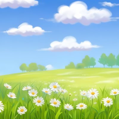 A Field Of Daisies With Green Grass Cows Grazing In The Background Blue Sky With White Clouds Bright Sunlight Cartoon Style 3 E91c