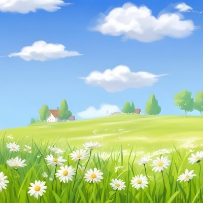 A Field Of Daisies With Green Grass Cows Grazing In The Background Blue Sky With White Clouds Bright Sunlight Cartoon Style 4 1aff